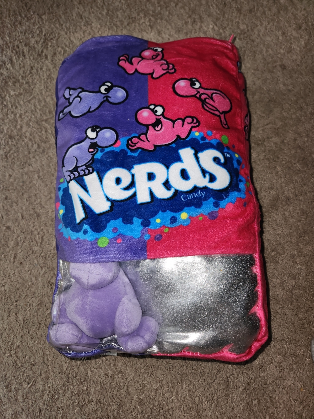 Nerds Candy Pink And Purple Plush Pillow With Purple Nerd